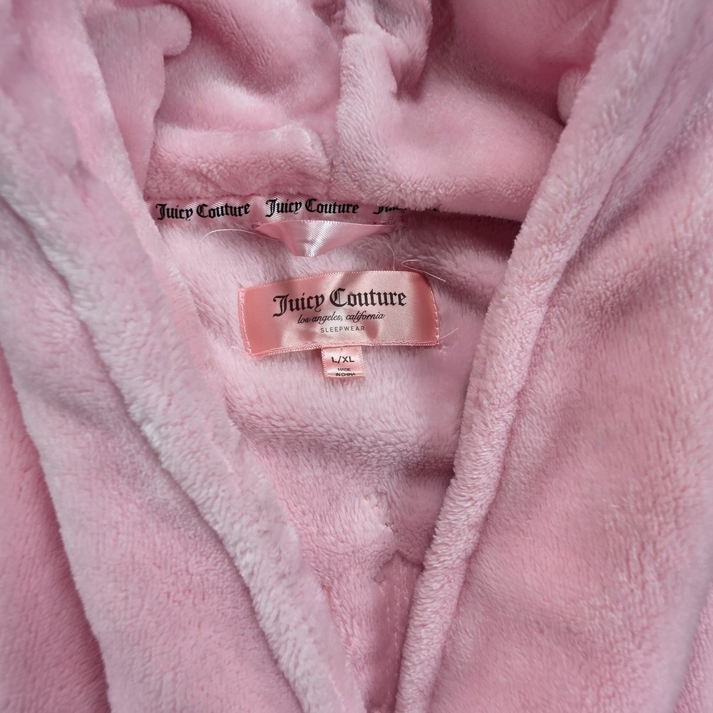 Juicy Couture Pink Fleece Hooded Robe Sequin Logo Sleepwear L/XL Pink Loungewear - Picture 2 of 9
